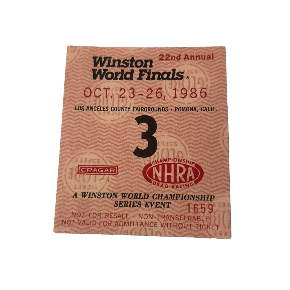 Vtg 80's 1986 NHRA WINSTON WORLD FINALS 22nd Annual 3.5"x 3" TICKET STUB HOT ROD
